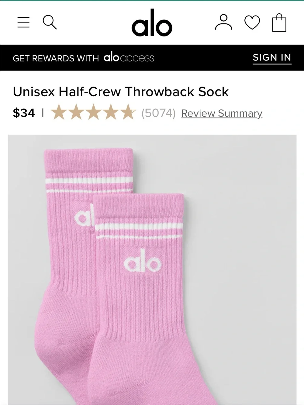 ALO Yoga Pink Unisex Half-Crew Socks with White Logo